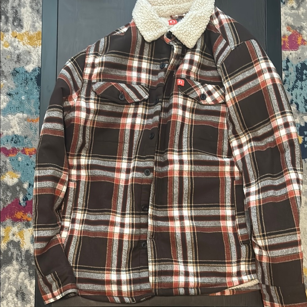 Brown and White Lightweight Plaid Shirt Jacket with Sherpa Lining